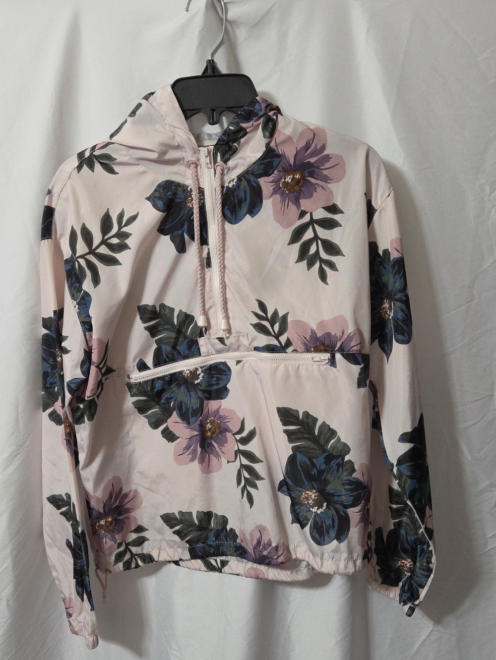 Pale Blush Floral Lightweight Hooded Windbreaker Jacket, Small, Large Pockets